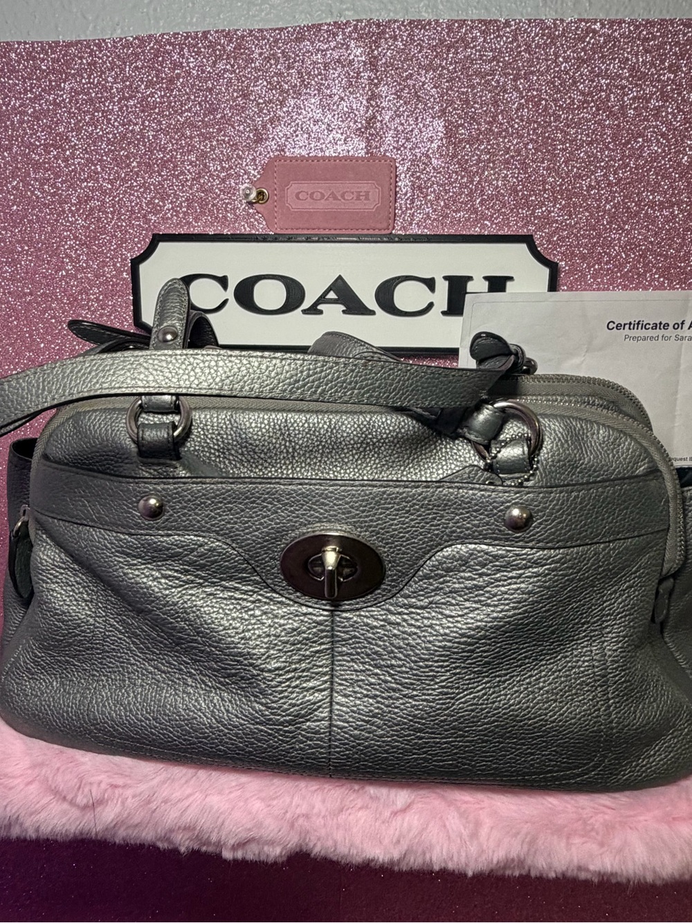 Coach Turnlock Satchel F16529 - Metallic Silver Pebbled Leather- Chelsea w/COA